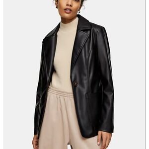 TOPSHOP Black Faux Leather Blazer Jacket Button Front Pockets Women's Size 12